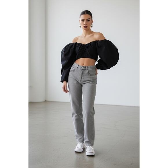 ASOS Black Off Shoulder Puff Sleeve Corset Crop Top Balloon Sleeve sz US 6 - Picture 3 of 11